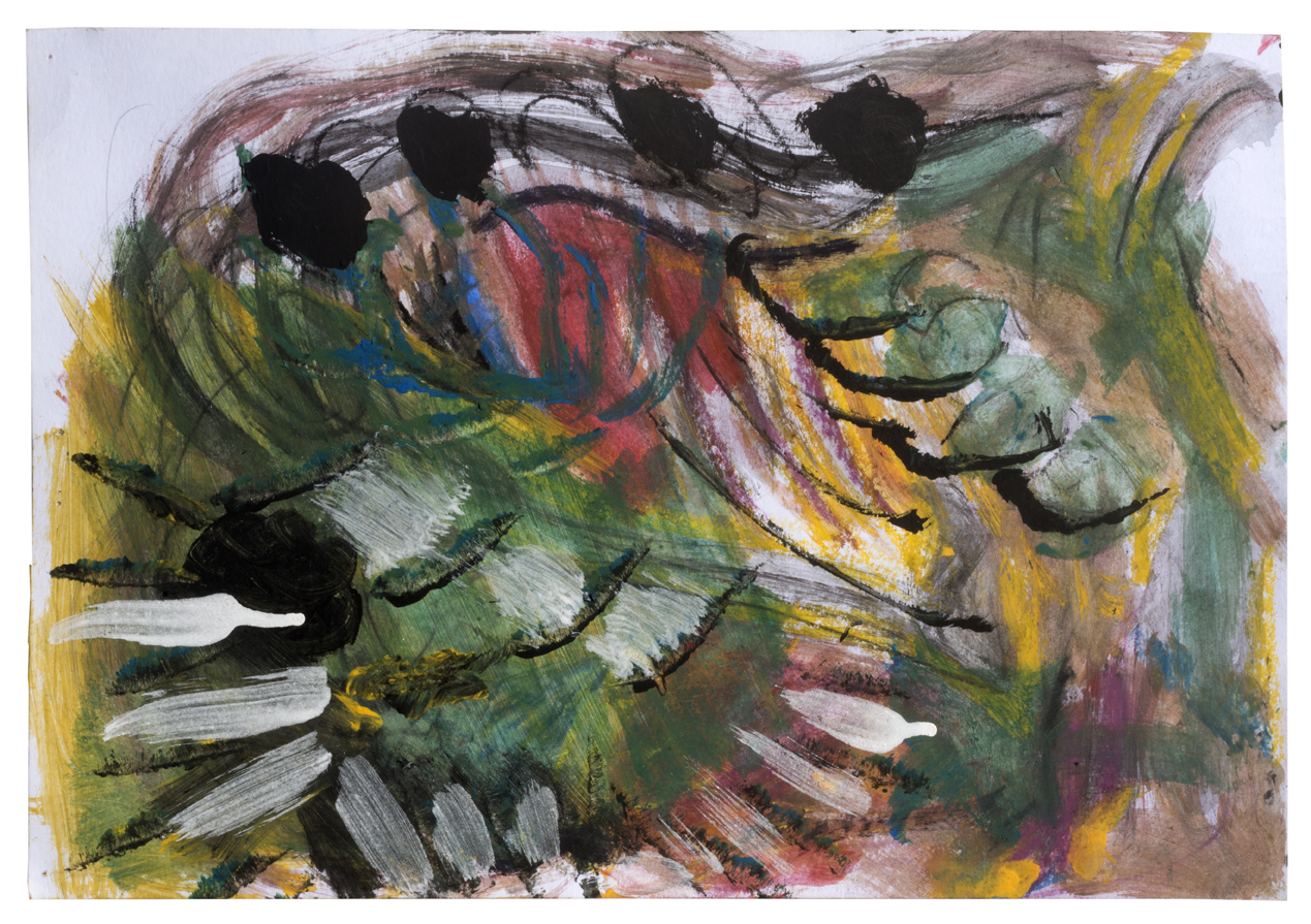 Composição abstrata com tons de verde, vermelho e amarelo